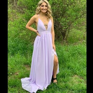 lilac flowy prom dress